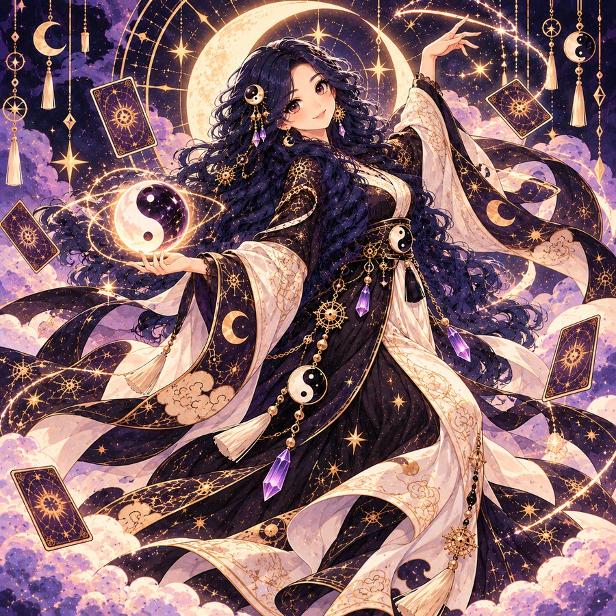 Yuna sosteniendo la esfera del yin-yang